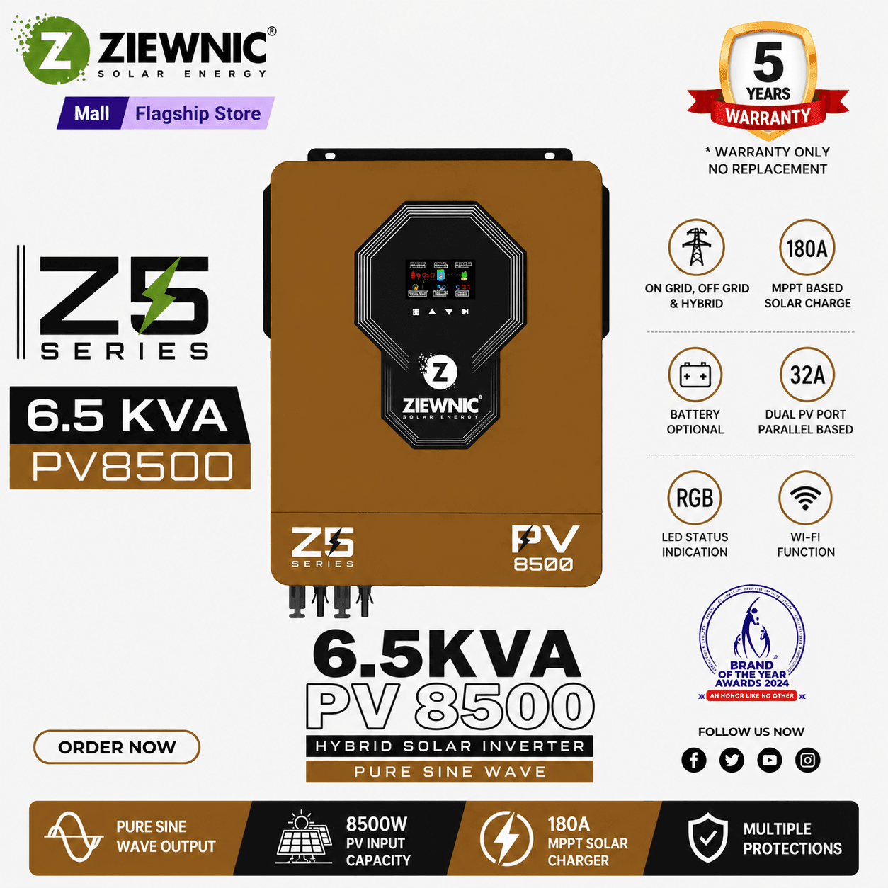 Ziewnic Z5 Series PV8500 Hybrid Solar Inverter 6.5KVA | Pure Sine Wave | On/Off Grid | 5 Year Warranty | Ziewnic Solar Energy Official Store