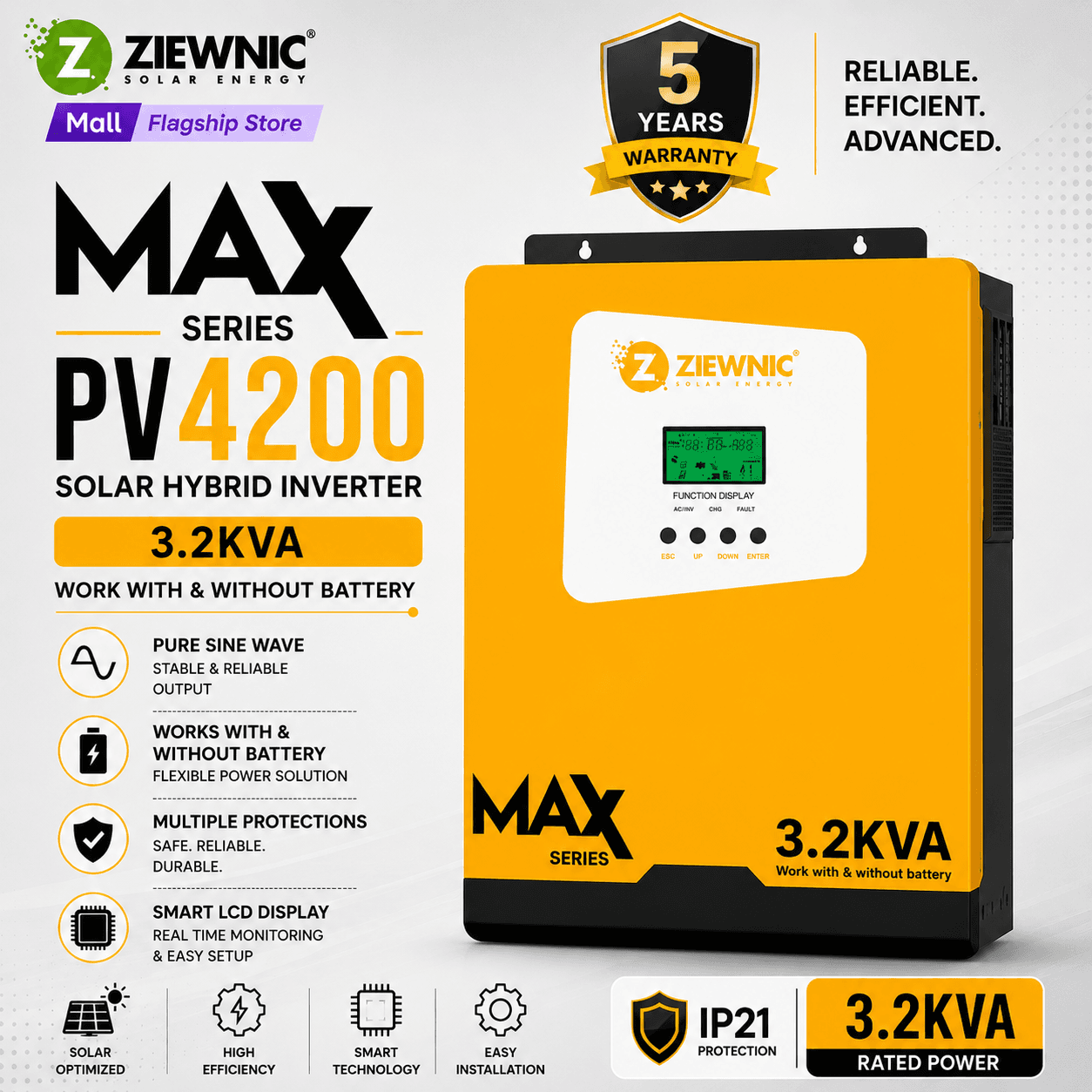 Ziewnic MAX PV4200 Solar Hybrid Inverter 3.2KVA | Pure Sine Wave | Works With & Without Battery | Brand Warranty | Ziewnic Solar Energy Official Store