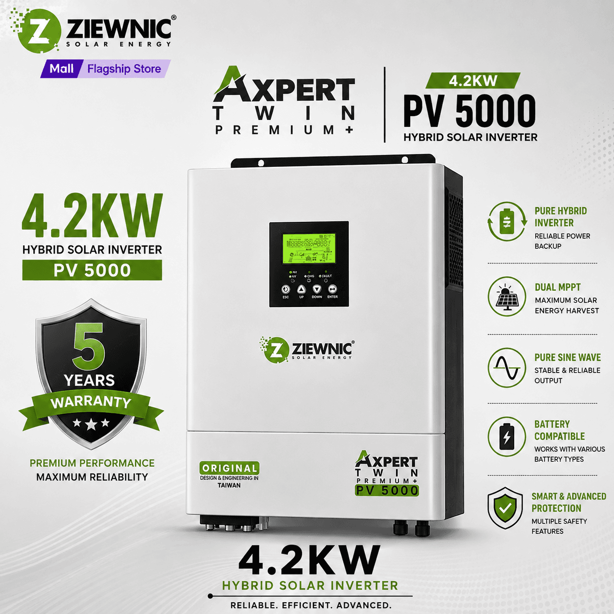 Ziewnic Axpert Premium Plus Hybrid Solar Inverter 4.2KW (PV5000) | Pure Sine Wave | Ziewnic Solar Energy Official Store
