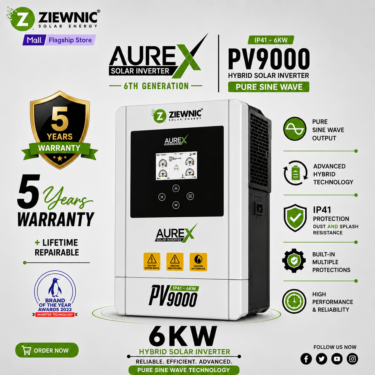 Ziewnic Aurex Hybrid 6th GEN Inverter PV9000 6KW Pure Sine Wave By Ziewnic Solar Energy Official Store