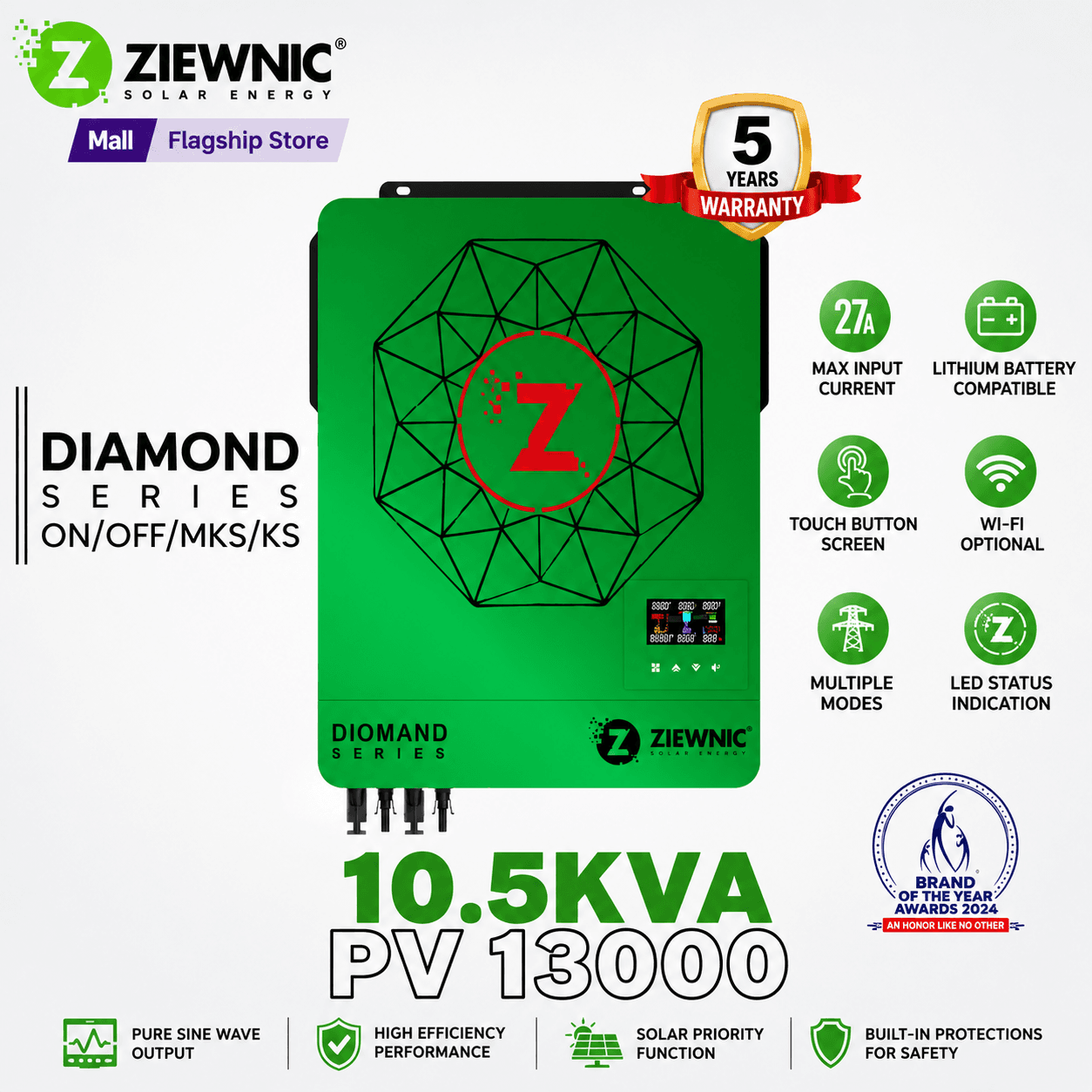 Ziewnic Diamond Series PV13000 Hybrid Solar Inverter 10.5KW | Pure Sine Wave | On/Off Grid | Brand Warranty | Ziewnic Solar Energy Official Store
