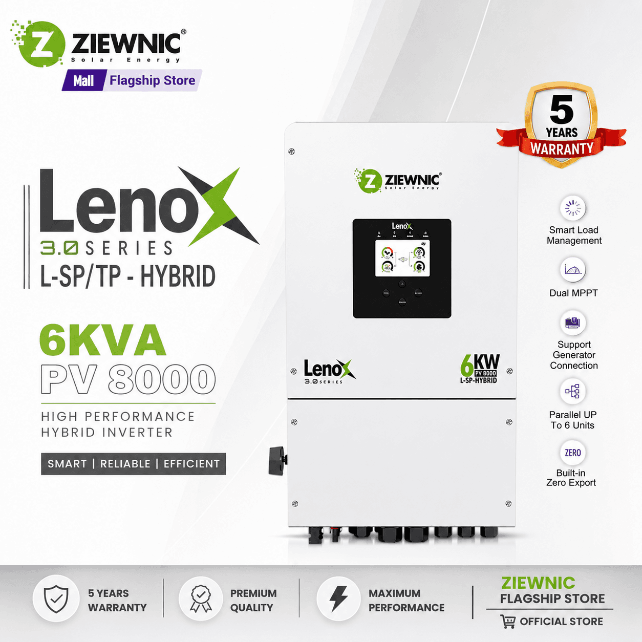 Ziewnic Lenox Series PV8000 Hybrid Solar Inverter 6KW | 48V | On/Off Grid | IP65 Waterproof Design | 5 Year Replacement Warranty | Ziewnic Solar Energy Official Store