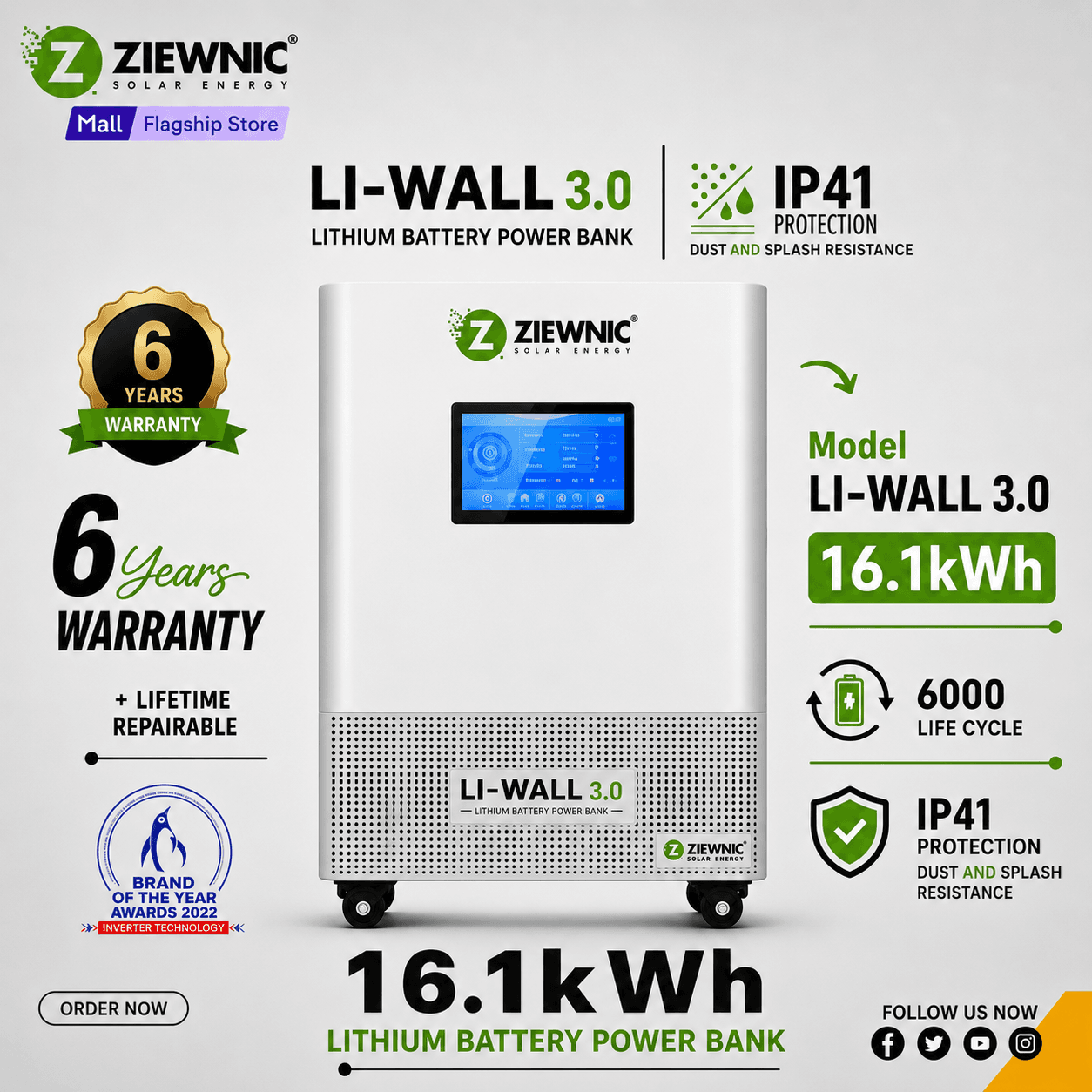 Ziewnic Li Wall 3.0 16.1kWh Lithium Battery Power Bank New Arrival 2026 Ziewnic Solar Energy Official store