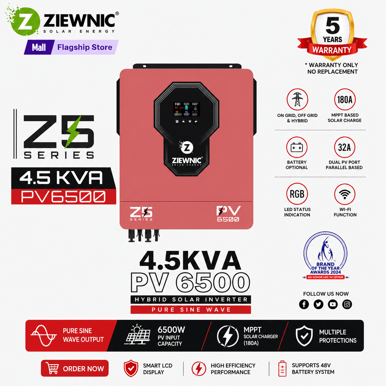 Ziewnic Z5 Series PV6500 Hybrid Solar Inverter 4.5KVA | Pure Sine Wave | On/Off Grid | 5 Year Warranty | Ziewnic Solar Energy Official Store
