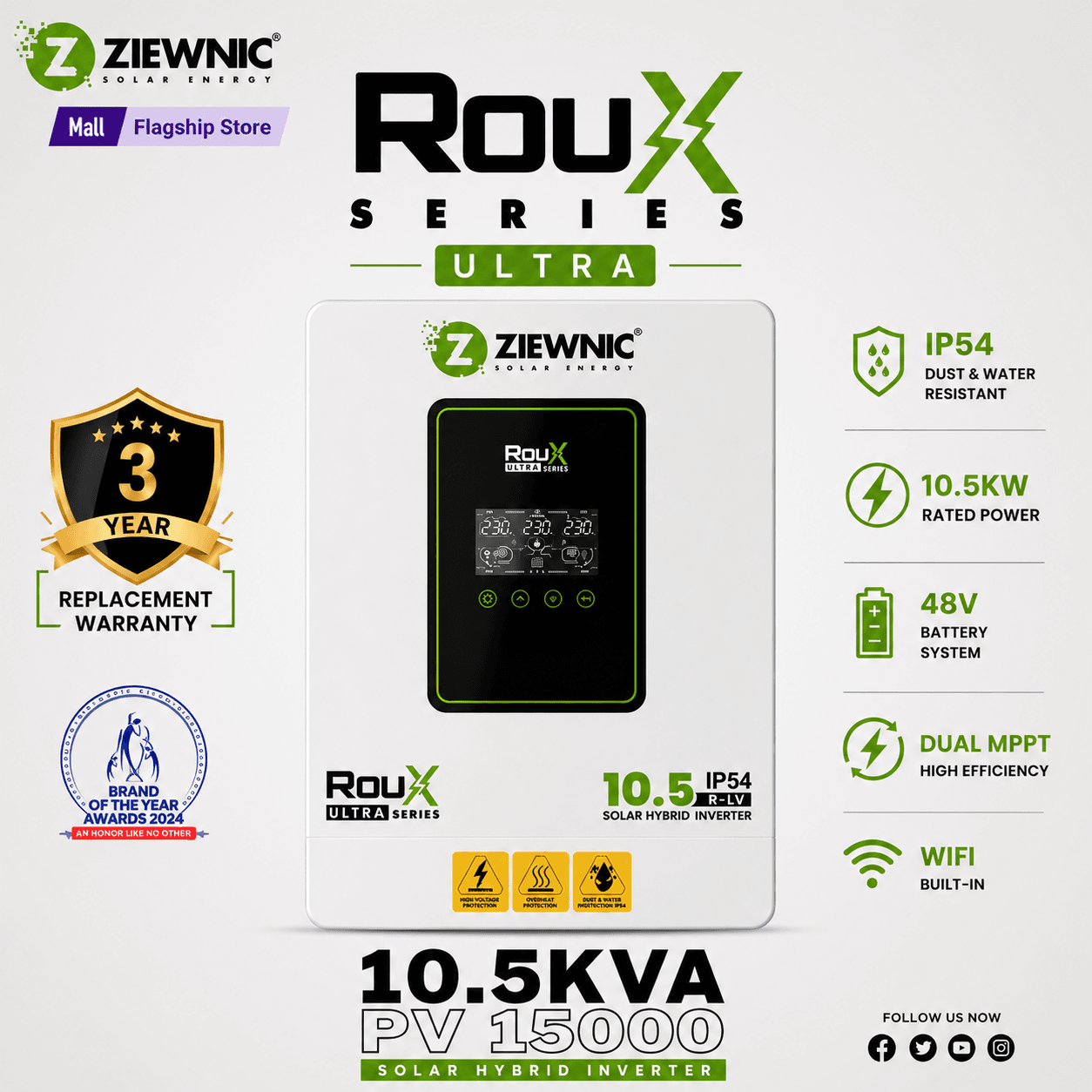 Ziewnic Roux Ultra Series IP54 10.5KW (PV15000) IP54 Solar Inverter Brand Warranty Installment By Ziewnic Solar Energy Official store