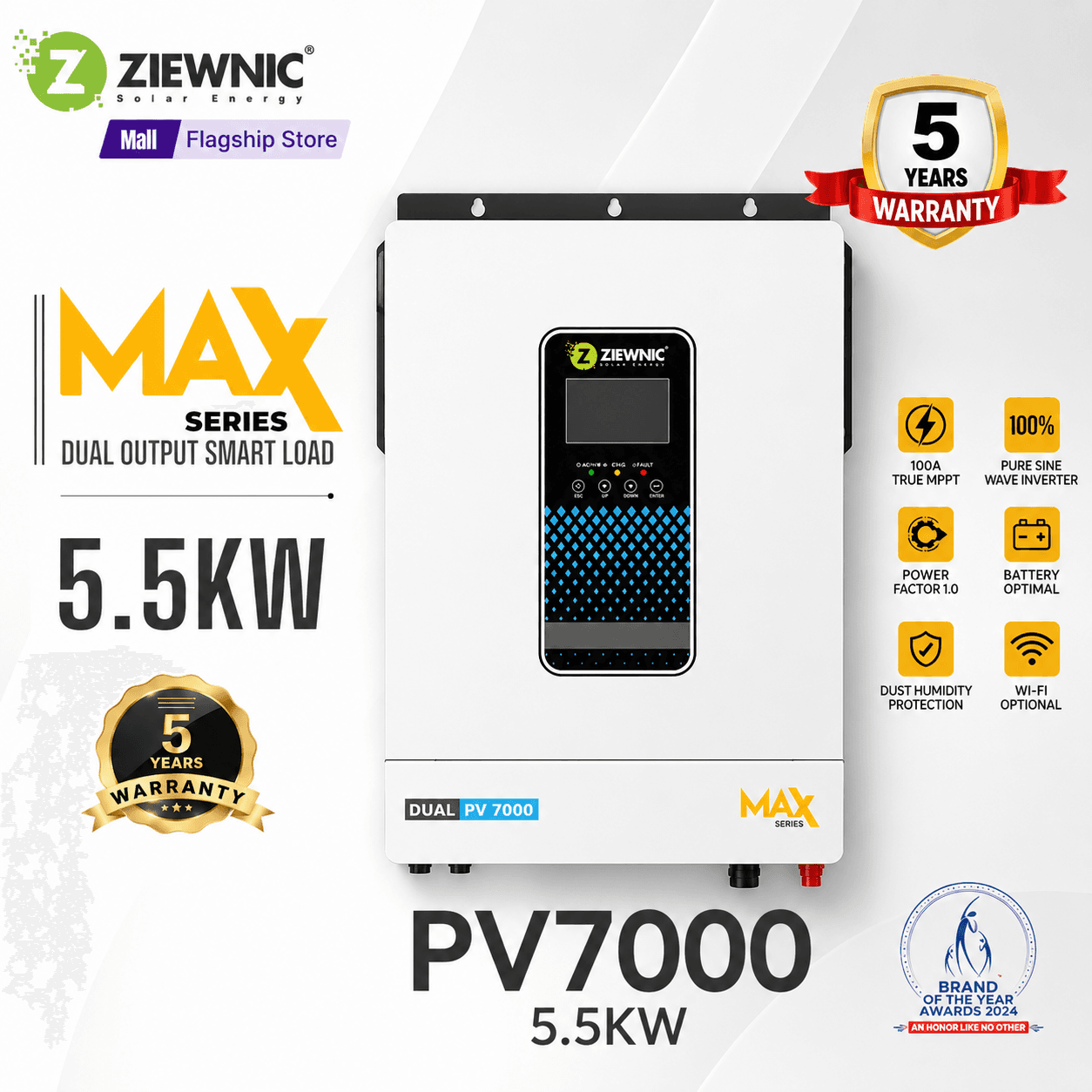 Ziewnic MAX PV7000 Solar Hybrid Inverter 5.5KW | Dual Output | Pure Sine Wave | Brand Warranty | Ziewnic Solar Energy Official Store