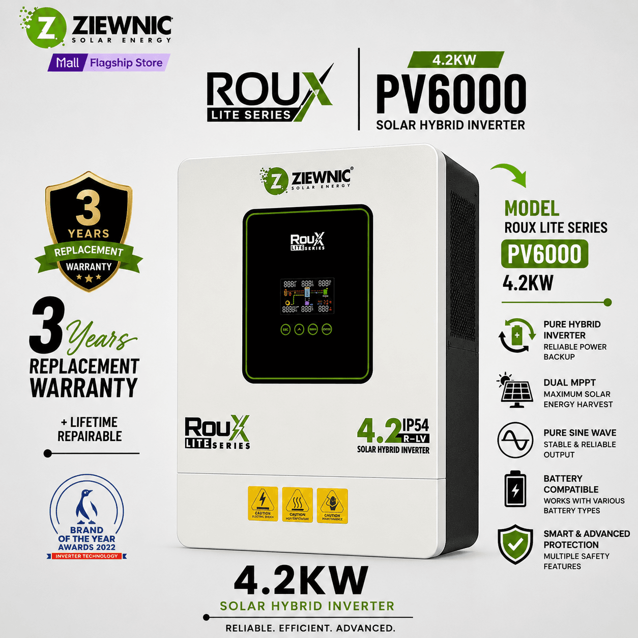 Ziewnic Roux Lite Series PV6000 Solar Inverter 4.2KW | IP54 Protection | Hybrid Solar Inverter | 3 Years Replacement Warranty | Ziewnic Solar Energy Official Store