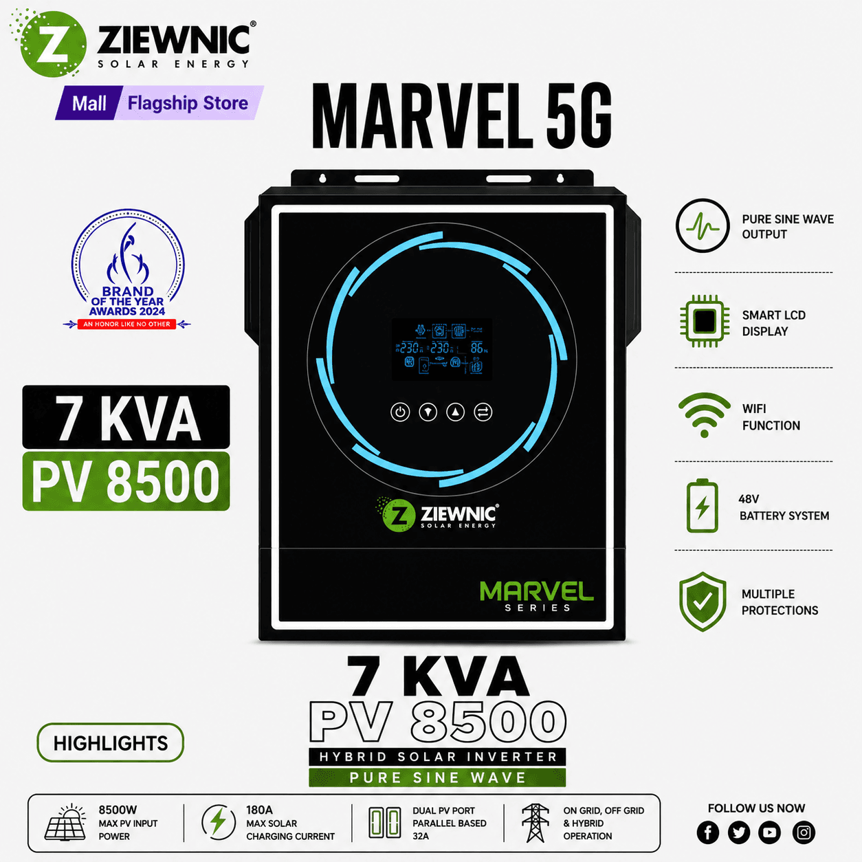 Ziewnic Marvel 5G European PV8500 Hybrid Solar Inverter 7KVA | Energy Storage | 5 Year Warranty | Ziewnic Solar Energy Official Store