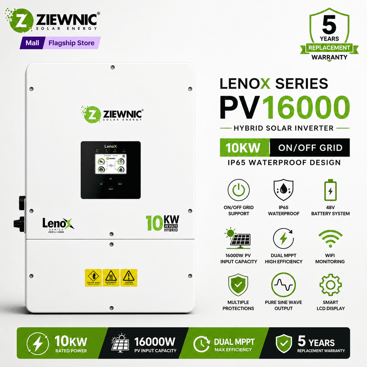 Ziewnic Lenox Series PV16000 Hybrid Solar Inverter 10KW | On/Off Grid | IP65 Waterproof Design | 5 Year Replacement Warranty | Ziewnic Solar Energy Official Store