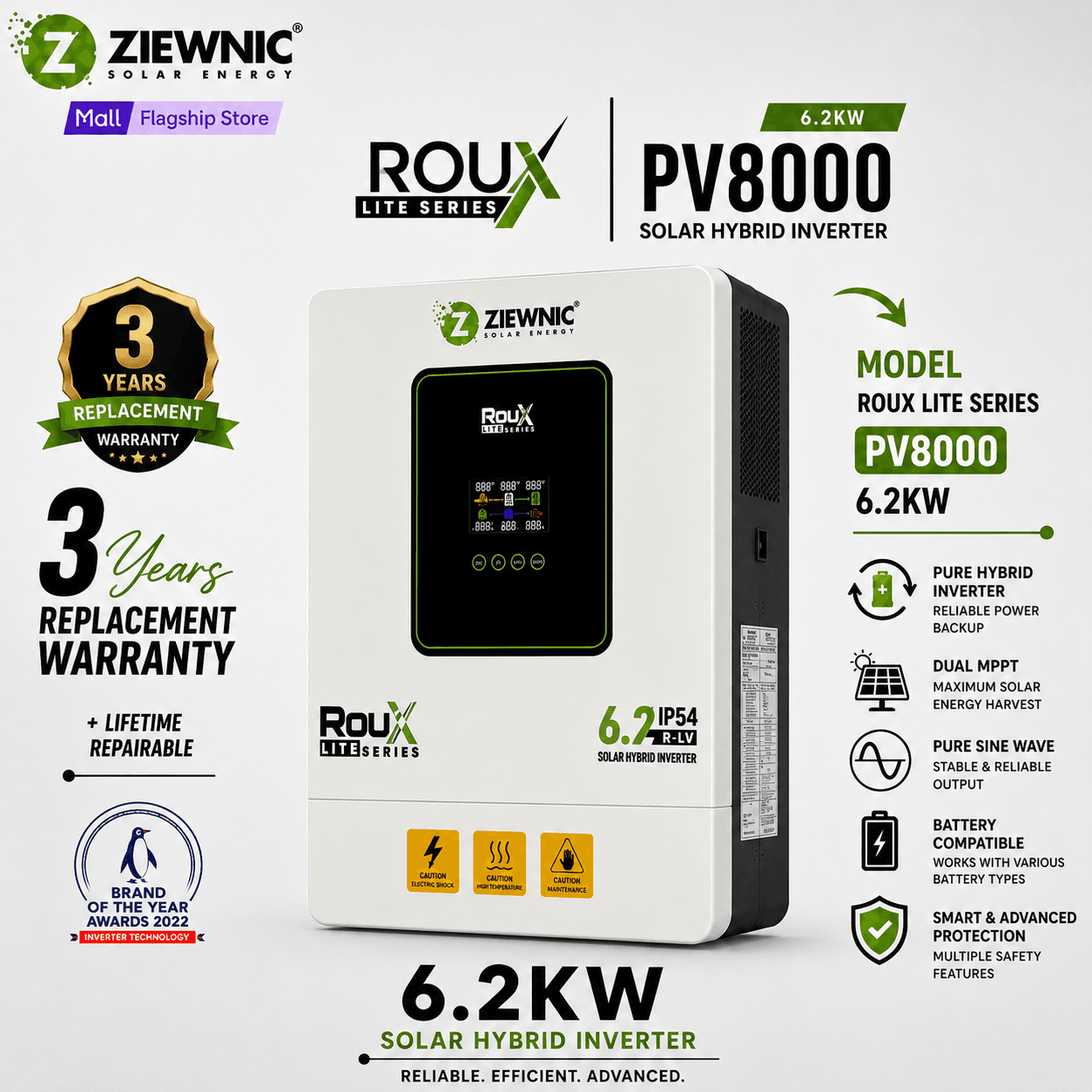 Ziewnic Roux Lite Series PV8000 Solar Inverter 6.2KW | IP54 Protection | Hybrid Solar Inverter | 3 Years Replacement Warranty | Ziewnic Solar Energy Official Store